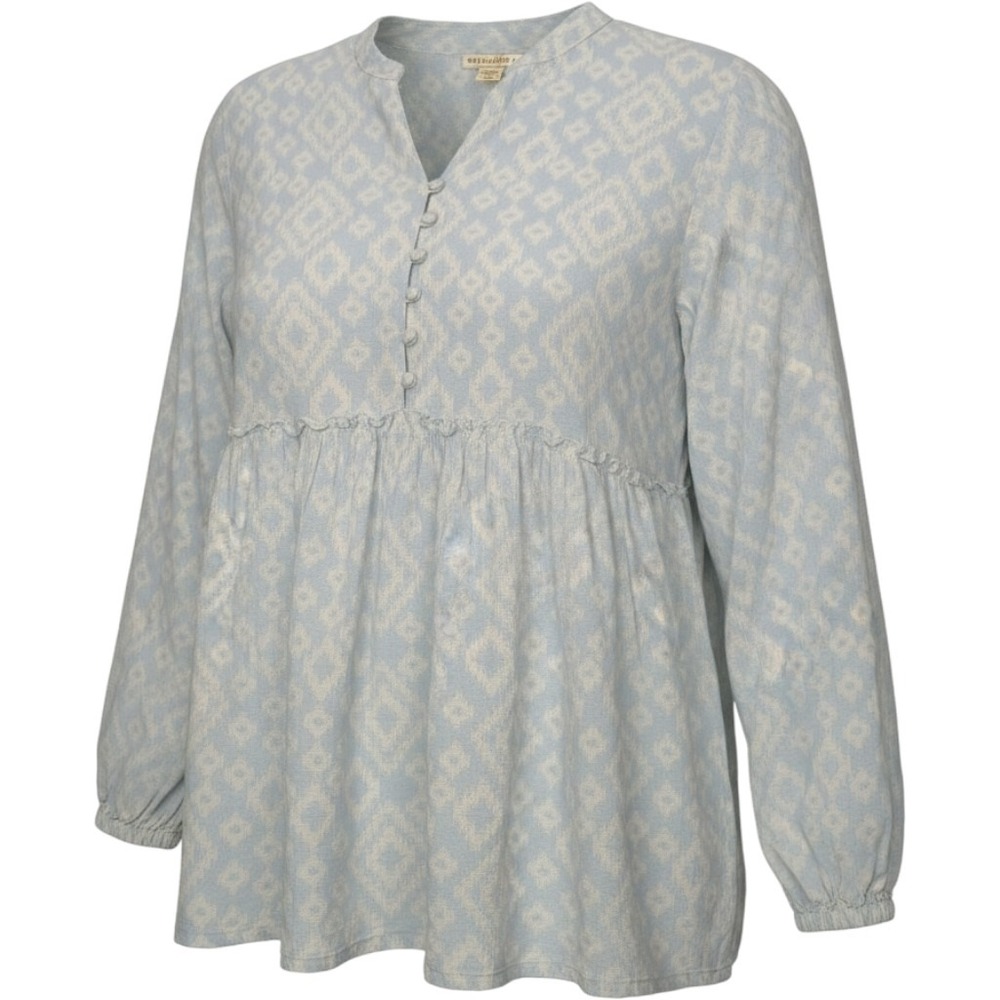 Studio West Blouse Womens XXL Blue Henley Peplum Peasant Babydoll Top Flowy